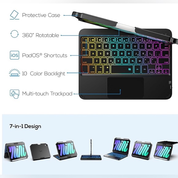 Keyboard Case for iPad Mini 7 (2024) & Mini 6 (2021) Wireless Case with Keyboard - Picture 2 of 6